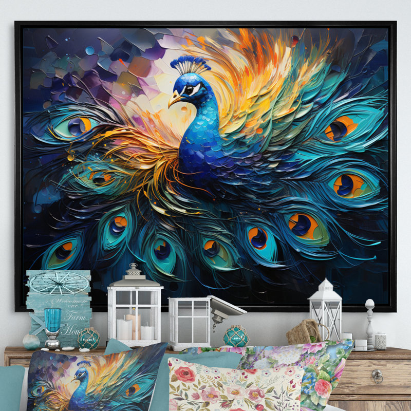 Plume de paon II - Art mural paon, Cadre flottant noir, 16" H x 32" W