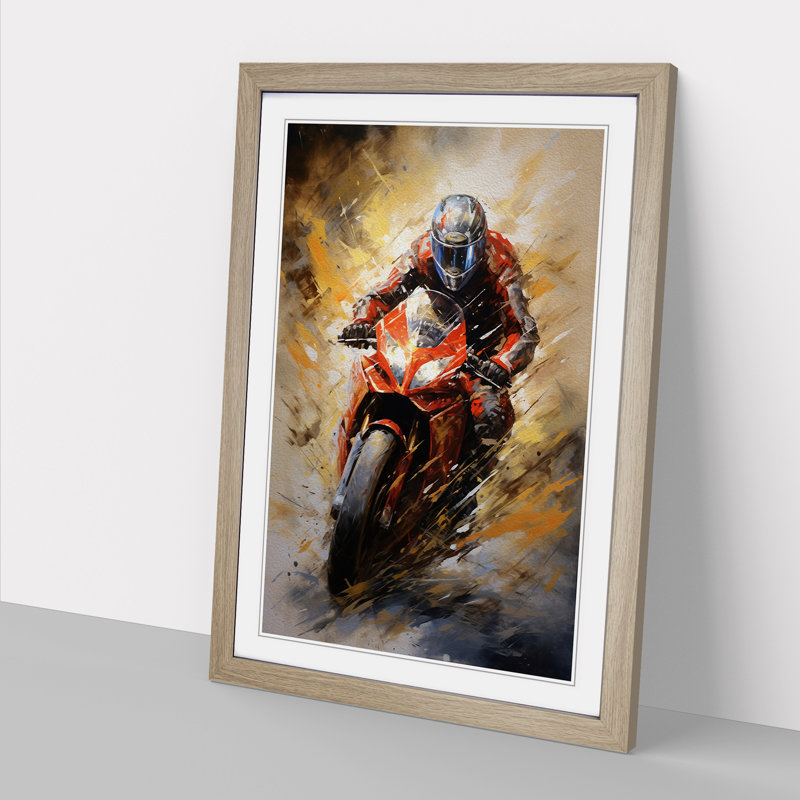 Motorbike Action Painting - Single Picture Frame Print on Wood, Oak Framed, 34cm H x 25cm W x 2cm D
