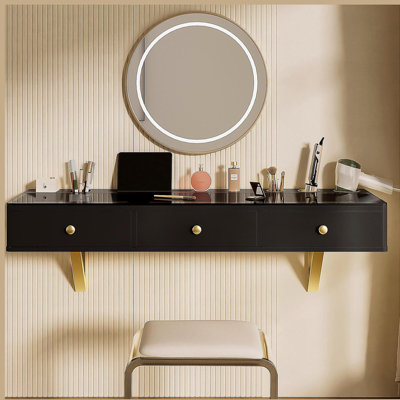 47" Floating Shelf with Drawer, Multi-Purpose Wall-Mounted Vanity Table, Mounted Desk, Floating Table for Bedroom, Bathroom, Hairdressers, Black and Golden