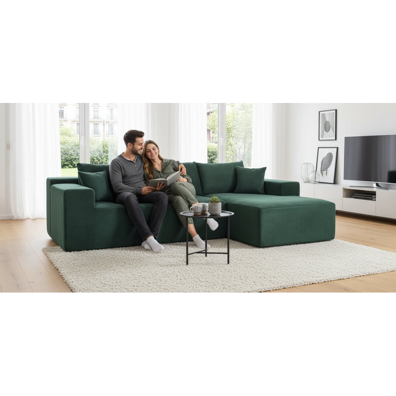 Boneless high density foam sectional sofa, Right Hand Facing, Dark Green Corduroy