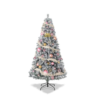4.5FT Artificial Christmas Tree with Metal Base, 400 Branch Tips Snow Flocked Full Xmas Tree, Premium Hinged Pine Tree, Quick Assembly, Christmas Decoration for Home Apartment Party Holiday