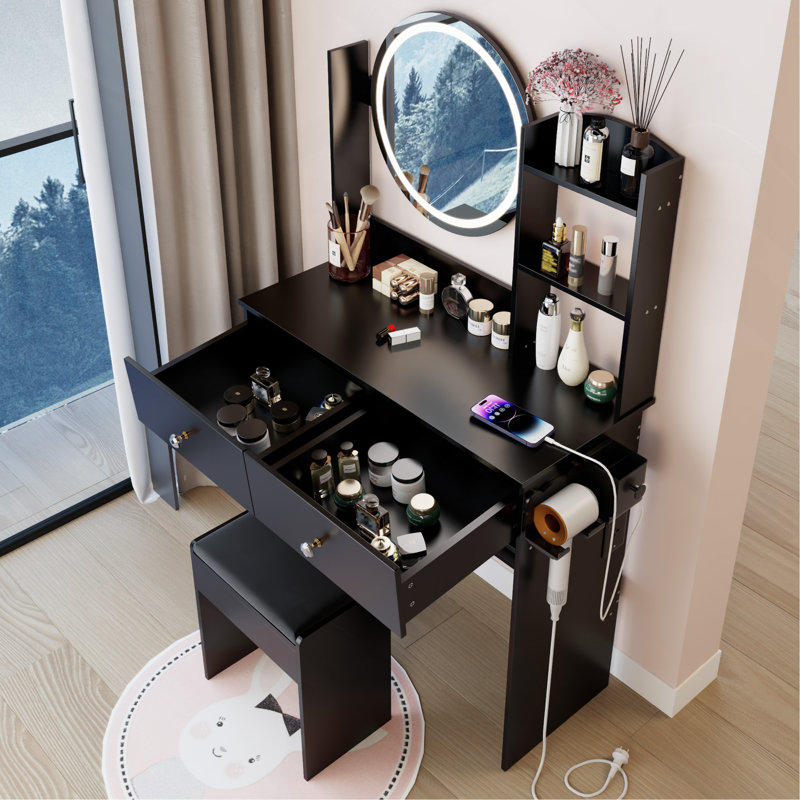 Table de coiffeuse à miroir 17 po, Noir