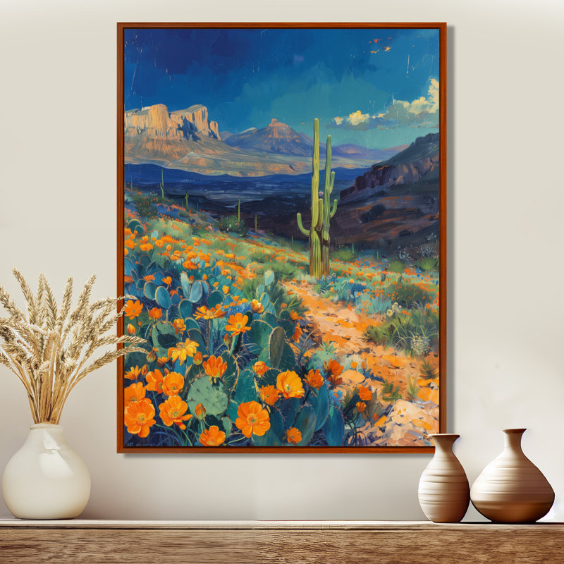 Orange, bleu, désert, cactus, paysage au Mexique II - plantes, art mural, Toile avec cadre flottant brun