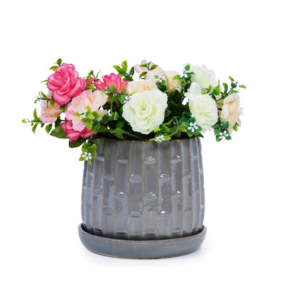 De 2, 7 po, pots à fleurs en céramique, gris antique, rebord de fenêtre, jardin, finition brillante, durabilité toutes saisons, espaces intérieurs et extérieurs gris de drainage intégrés, qualité, fonctionnalité, conception de feuilles élégantes