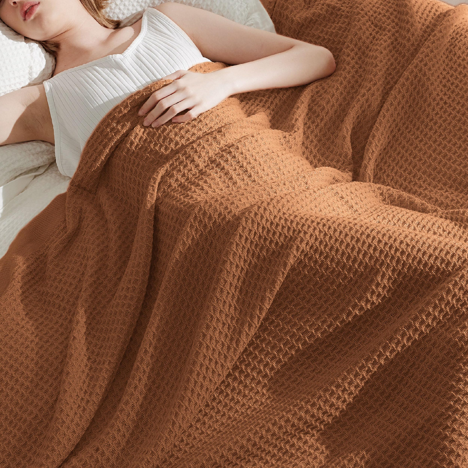Bedsure Cotton Waffle Weave Throw Blanket, Orange, Throw XL