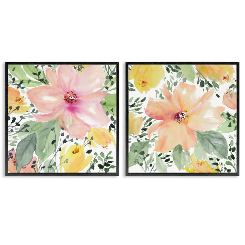 Grand ensemble de 2 giclées roses et corail par Lanie Loreth, Giclée encadrée noir minuit, H 12 po x l 12 po