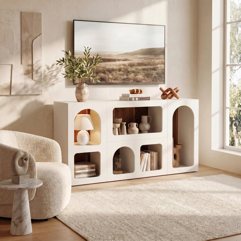 Meuble télé de 59 po de hauteur avec rangement ouvert pour téléviseurs de 65 po, console de télévision avec 6 casiers de rangement, centre de divertissement arqué moderne pour les salons et les chambres à coucher