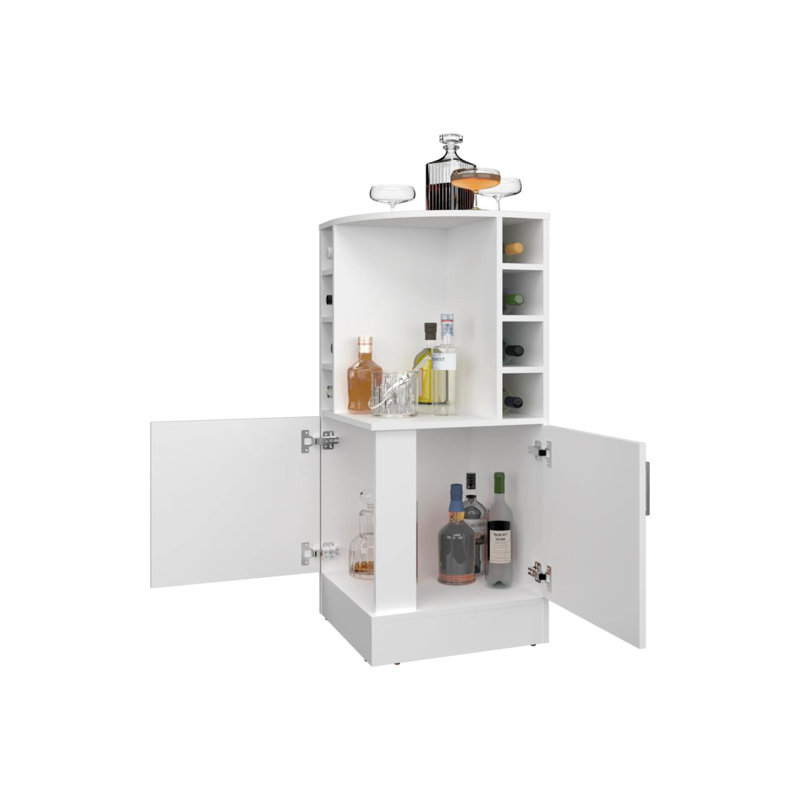 Corner Bar Cabinet With Bottle Rack And Open Shelf, White