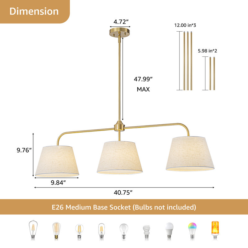 Luminaire suspendu cylindrique moderne en lin 3 lumières, Doré