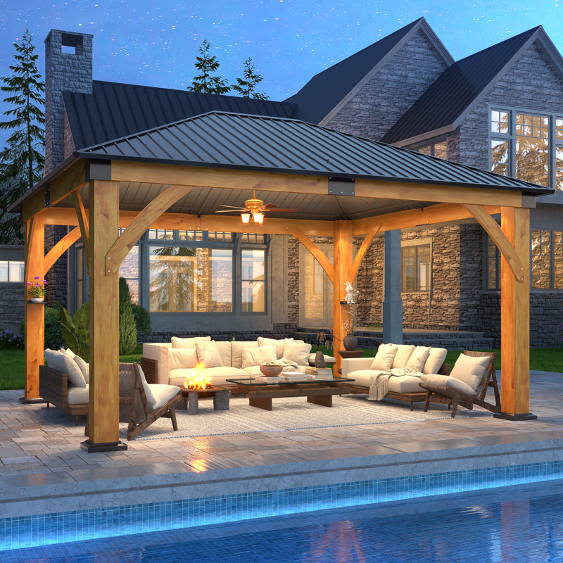 13 ft. W x 15 ft. D Outdoor Spruce Wood Gazebo with Galvanized Steel Hardtop, 13 ft. W x 15 ft. D