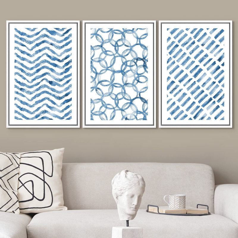 Linear Geometry " Blue Watercolor Polygon Geometry Abstract Shapes Geometric Mid Century Modern Art Boho Decor " 3 - Pieces