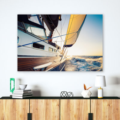 Wall art decor "Golden Sea Spray" - Serene Sailboat Close-Up on Wrapped Canvas