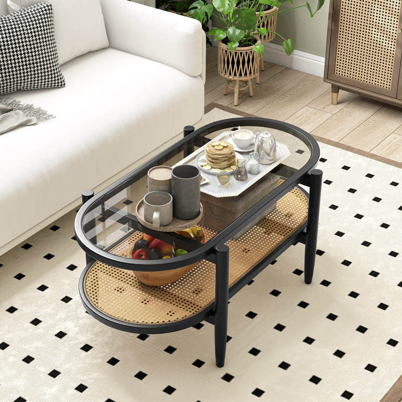 2-tier Coffee Table Tempered Glass Top With Pe Rattan Shelf & Acacia Wood Frame Black