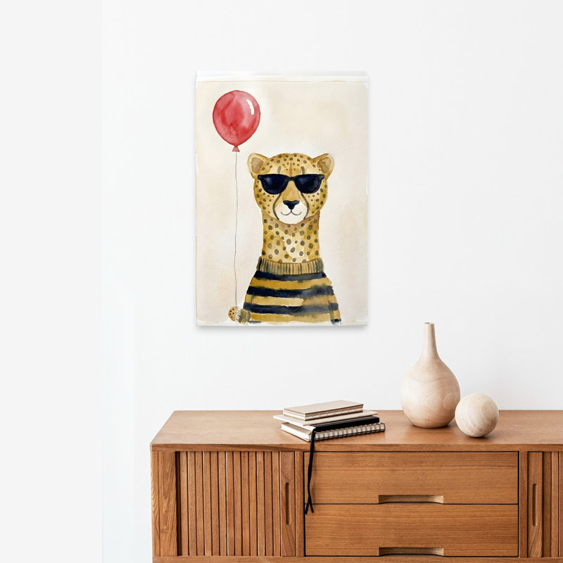 «Cool Cheetah Balloon Playful Contemporary Cat Animal», reproduction d'art murale, 24" H x 16" W
