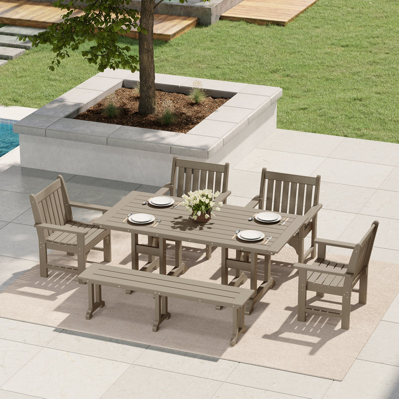 Ensemble de salle à manger avec table et accoudoirs de jardin 6 pièces Laguna Poly, Tanné, 6 pièces: table, banc, 4 chaises