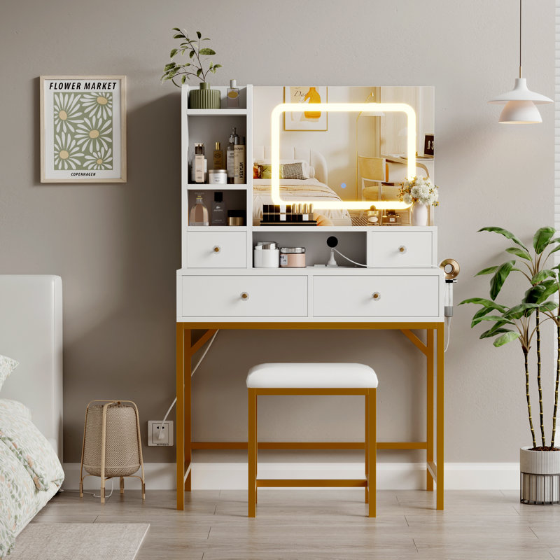 Vanity Desk with Mirror, 3 Adjustable Lighting Mode Makeup Vanity, Modern Dressing Table and Stool with Charging Station, 4 Drawers and 2 Open Shelves for Bedroom, Makeup Studio