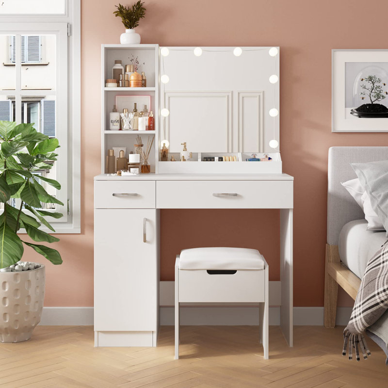 35.4'' Wide Vanity Set with Stool and Mirror, White