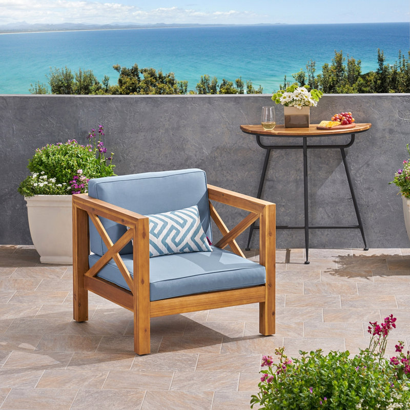 Farmhouse Style Outdoor Patio Club Chair, Blue, Teak
