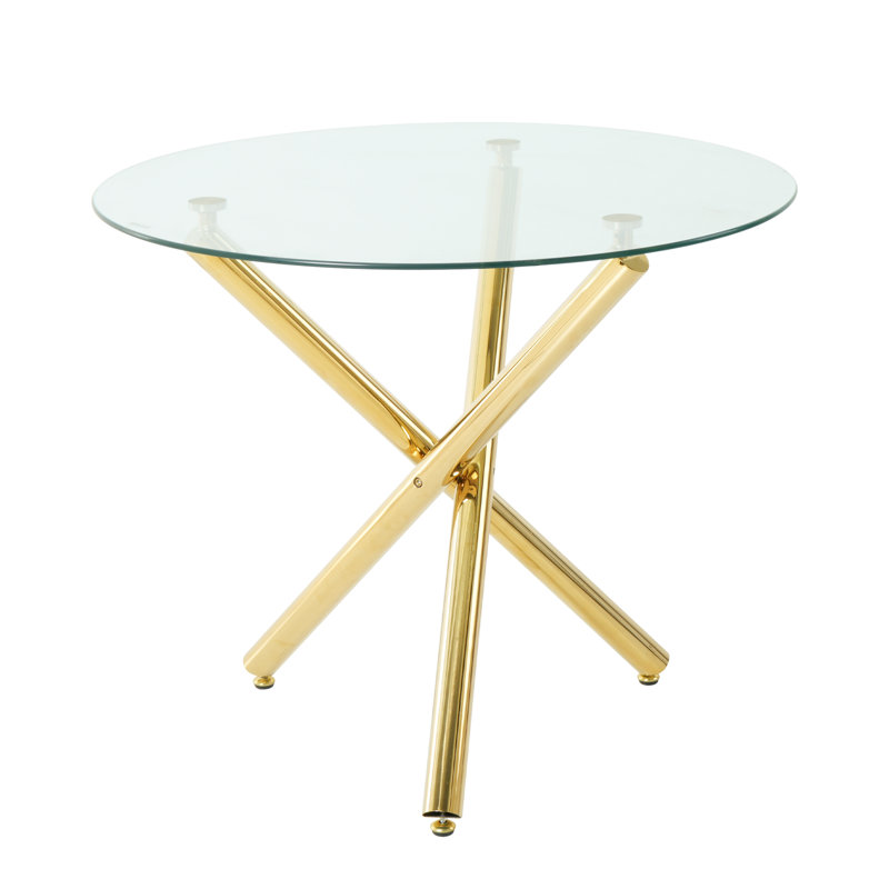 Round Clear Tempered Glass Pedestal Dining Tbale, 29.5"H x 36"L x 36"W, Gold