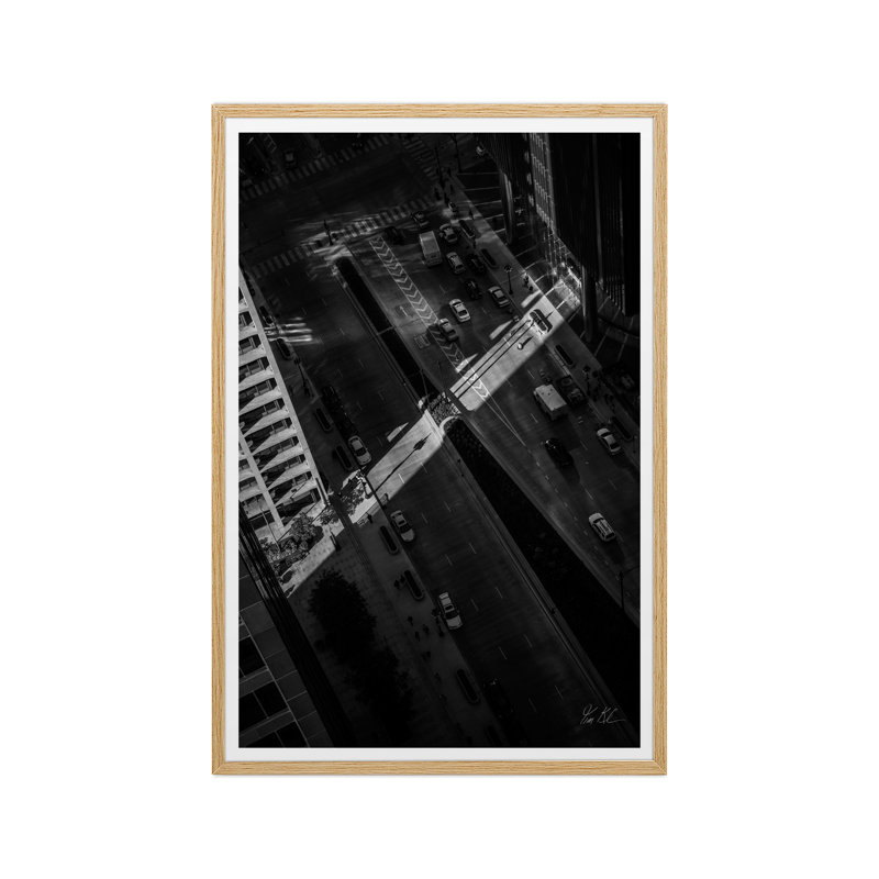 Wacker Drive Chicago I, H 40 po x l 27 po x P 1,5 po, Toile encadrée artisanale, Chêne