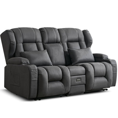 Causeuse inclinable avec console de rangement rabattable, canapé inclinable manuel double avec poches, porte-gobelets et coussins