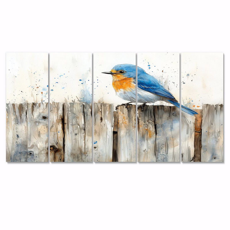 Oiseau bleu sur la clôture de la ferme V - Art mural oiseau - art mural moderne pour le salon, H 32 po x l 80 po