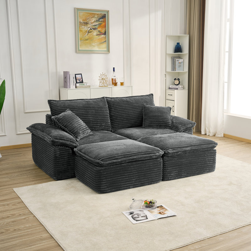 Canapé modulaire 81 po - Très grand canapé en velours côtelé avec repose-pieds mobile, Gris