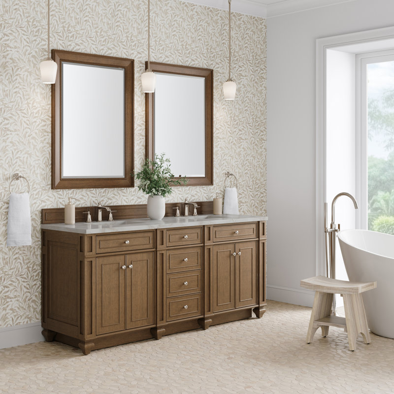 Meuble-lavabo double l 72 po Bristol, Brun selle, Argent victorien, 8 po