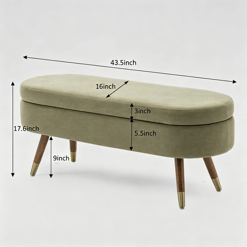 Banc de rangement ovale 43,5 pouces rembourré avec repose-pieds et banc en métal doré, repose-pieds et banc de siège, Vert