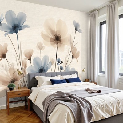 Papier peint auto-adhésif floral bleu délicat à motif d'aquarelle fleurs délicates H 100 po x l 144 po, adhésif mural en PVC amovible pour chambre à coucher, bureau à domicile