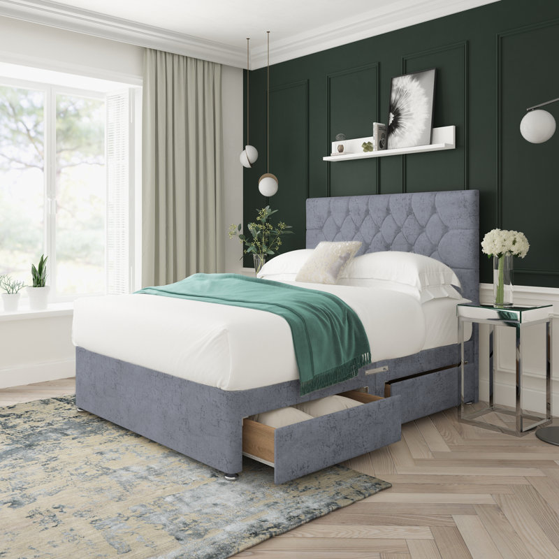 Upholstered Bed, Right Side Drawers, Gunmetal, Small Single (2'6)
