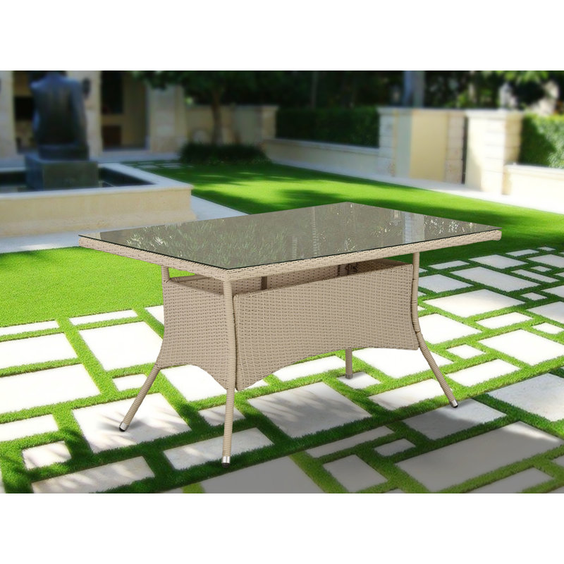 Table de salle à manger de patio en osier rectangulaire avec plateau en verre et crème, Crème
