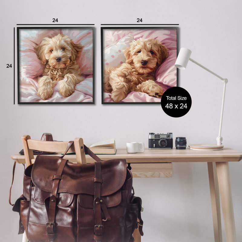  «Cuddling Labradoodle in Bed», ensemble de 2 giclées par Jim Baldwin, H 24 po x l 24 po, Giclée encadrée noir minuit