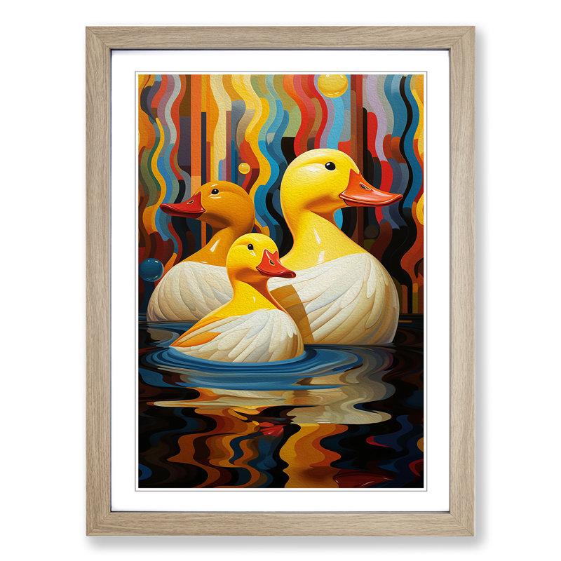 Rubber Ducks Art Deco - Single Picture Frame Print on Wood, 46cm H x 34cm W x 2cm D, Oak