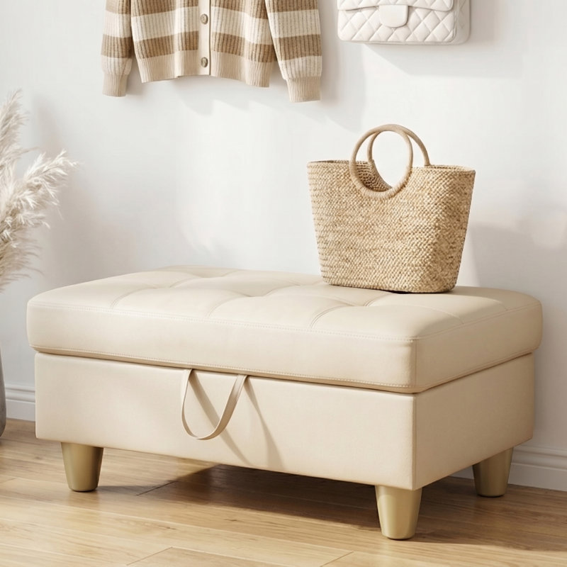 Rectangular Storage Ottoman Bench With Hinged Lid, Faux Leather Footrest For Living Room, Bedroom, Entryway, Champagne, 35"X23.5"X17.5"