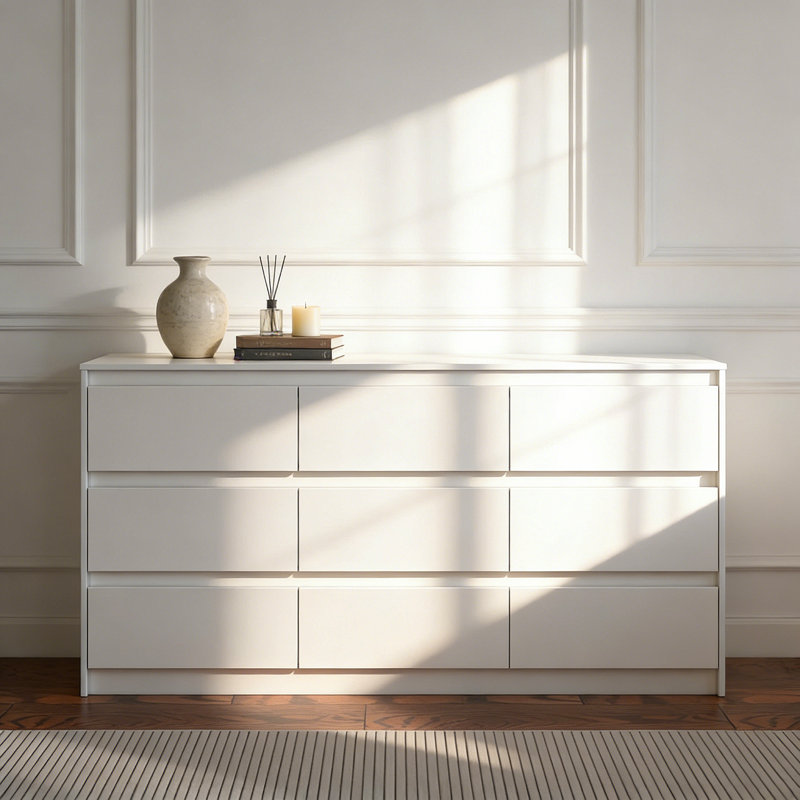Commode 9 tiroirs 63 po de largeur, Blanc