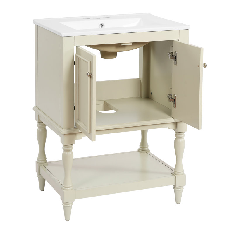 Meuble-lavabo de 24 po beige avec lavabo en céramique, armoire en bois massif et panneau de fibres à densité moyenne, conforme CARB phase II