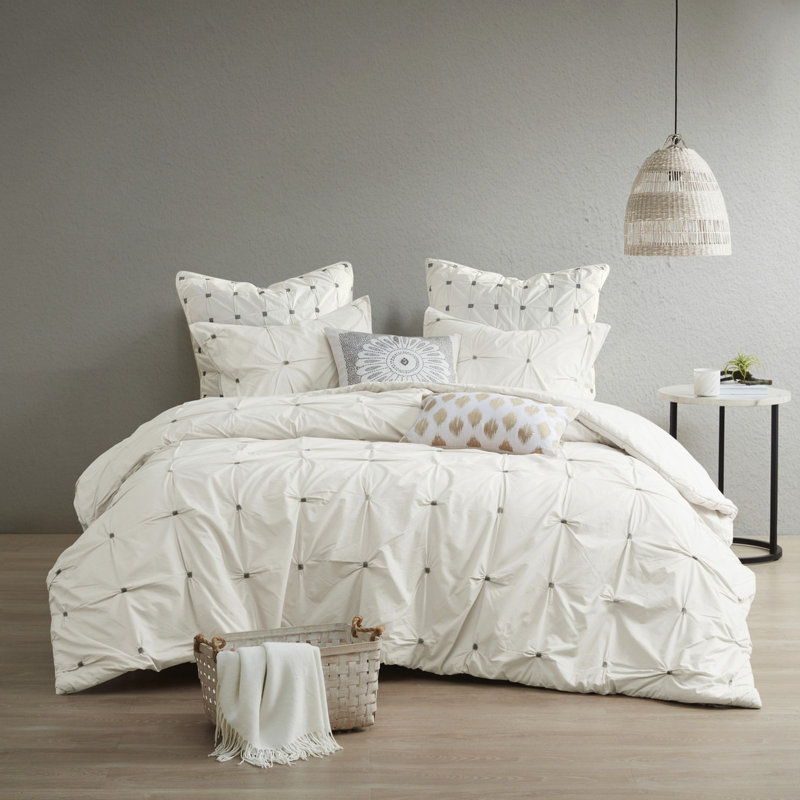 Édredon double / grand en coton blanc - 3 pièces de broderie élastique, rembourrage, bonnet caché d'hygiène et de qualité, 2 taies décoratives assorties en coton brodé, confort durable,
