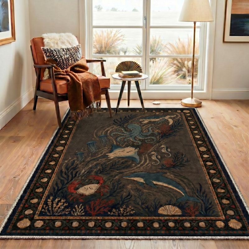 Tapis noir / bleu lavable à la machine avec envers antidérapant, Rectangulaire 8 pi x 10 pi