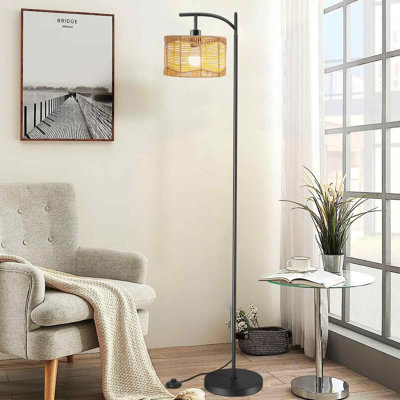 59.84" Boho Arc Floor Lamp, Black Metal Standing Lamp with Handwoven Rattan Shade, Inline Foot Switch, E26 Base, Max 40W, Bulb Not Included, for Living Room Bedroom Reading