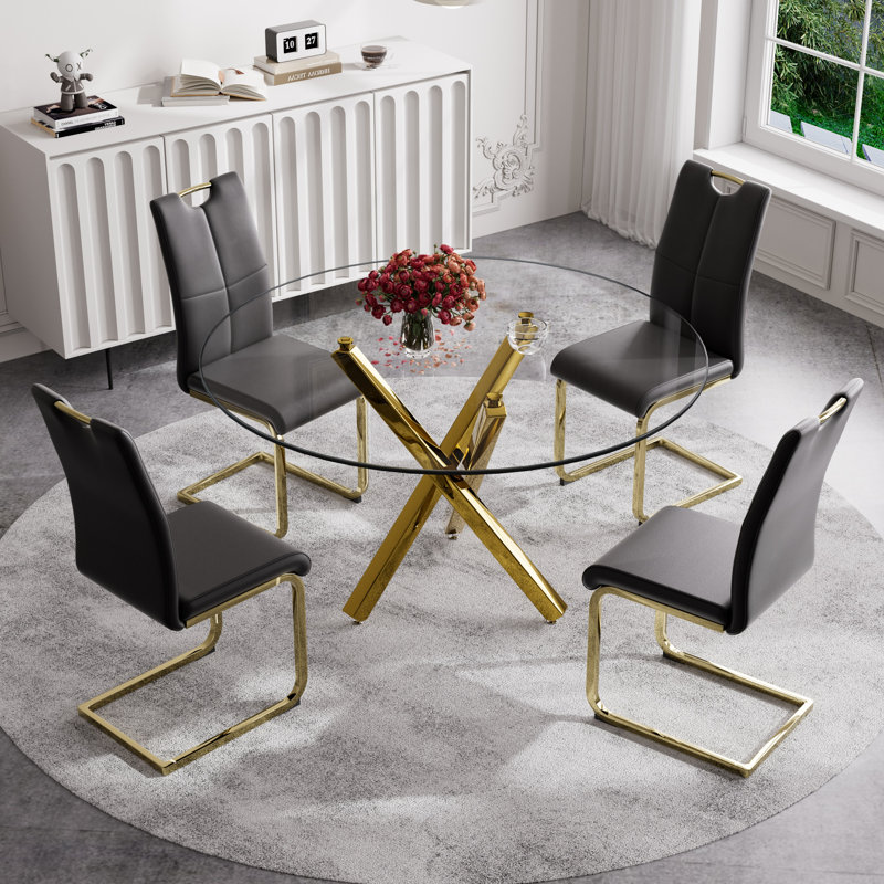 Ensemble de salle à manger 5 pièces, table et 4 chaises, H 29,52 po x L 47,2 po x l 47,2 po, Noir, Or