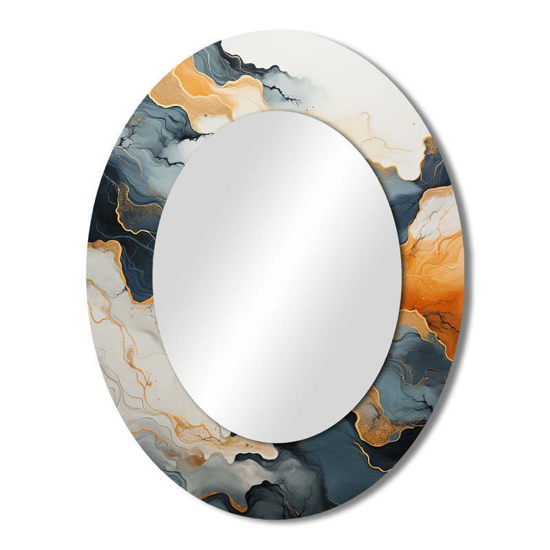 Abstract Orange And Blue River Ink II - Modern Oval Wall Mirror, 43" H x 33" W