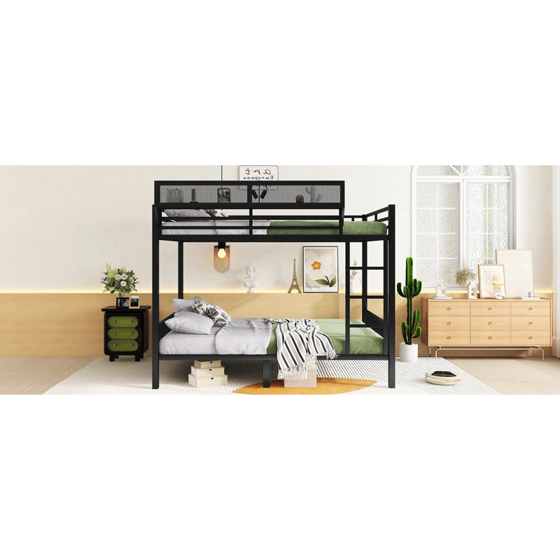 Black Queen Size Metal Bunk Bed With And Storage Shelf, For Adults Teens, Stable Frame, Powder Coated, 350Lbs/600Lbs Capacity Over Comes , Strong Bearing Capacity, Thick Tubes, Tightly Screwed Slats