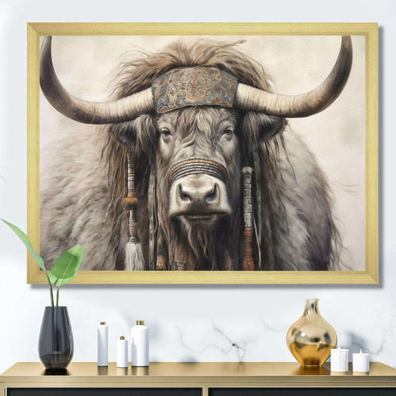 Wild Yak II - animaux, reproduction sur toile, 16" H x 32" W, Black Picture Framed