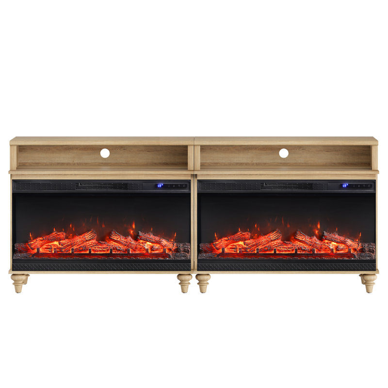 Farmhouse TV Stand With 36" Electric Fireplace For 75 Inch TV, Wood Universal TV Stand With Storage Shelfves, Oak Entertainment Center TV Console Table