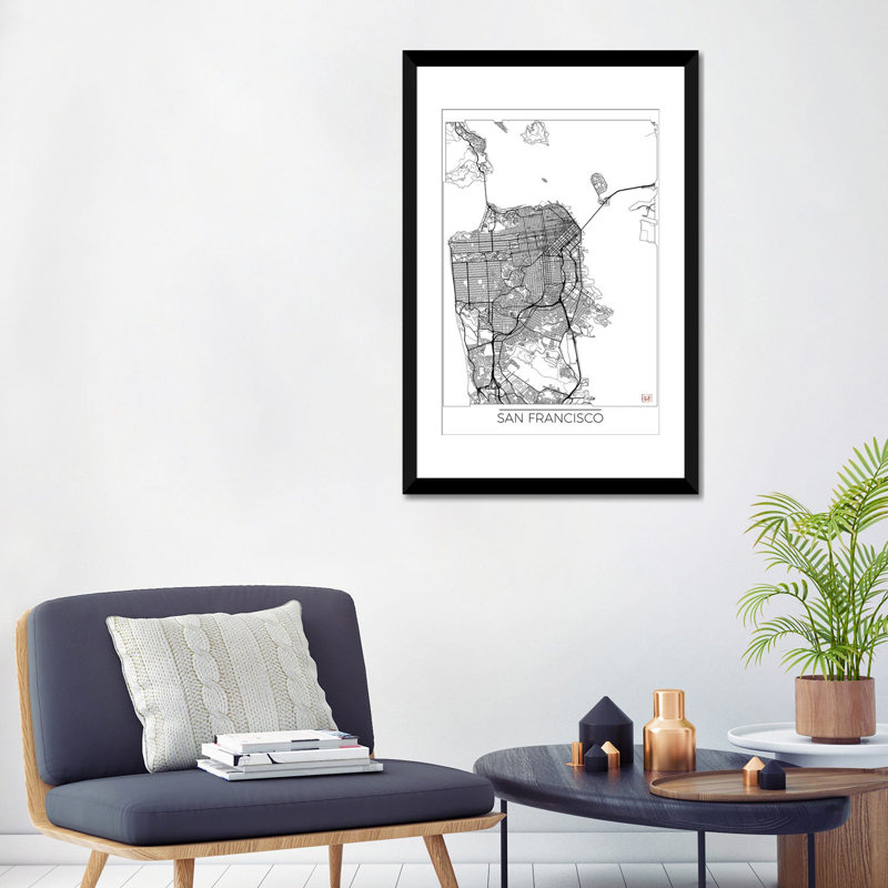 «San Francisco Minimal Urban Blueprint Map», impression sur toile, H 24 po x l 16 po x P 1 po, Papier d'art encadré noir