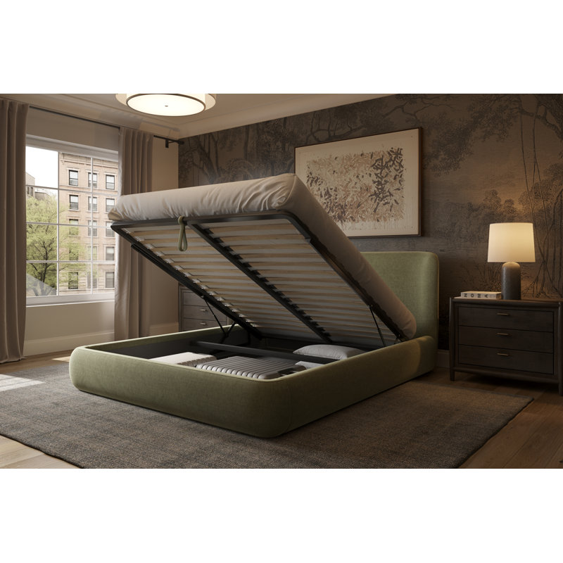 Lit plateforme tapissier avec mécanisme de rangement, tissu performant, Grand, Blanc