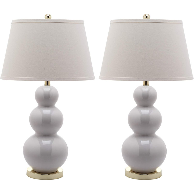 Elegant White Ceramic Gourd Table Lamp Set with Off-White Shade, 28"