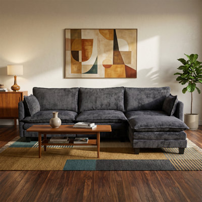 Canapé 3 places avec repose-pieds autonome, revêtu de tissu chenille doux, avec ports USB intégrés et poches de rangement latérales, canapé modulaire, style scandinave moderne, noir