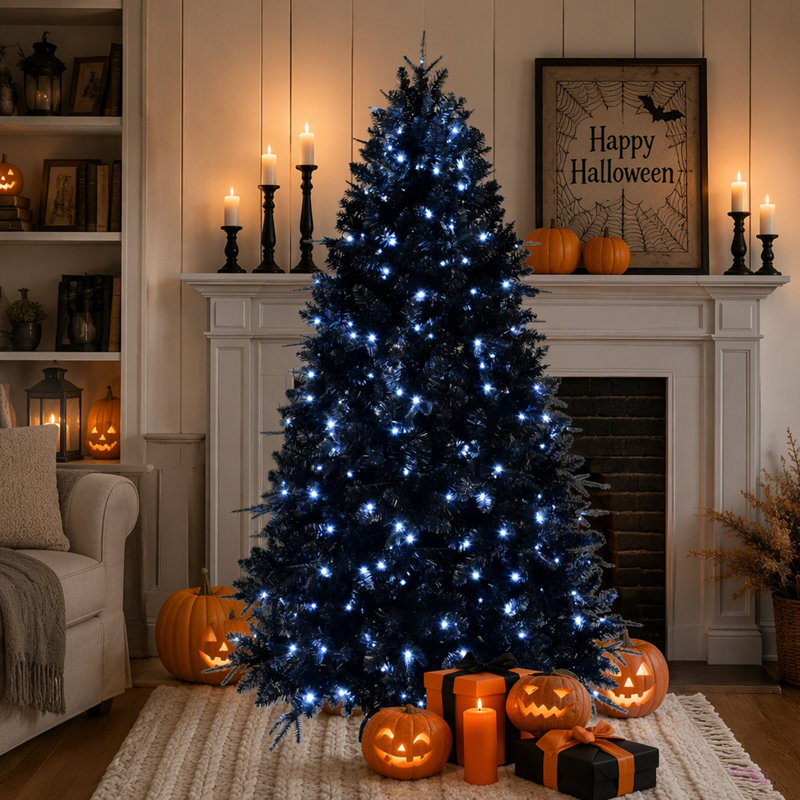 Arbre de Noël 8 pi avec 600 lumières DEL, arbre artificiel 2486 PE + PVC pour décoration d'Halloween et des Fêtes, structure à charnières avec support en métal stable